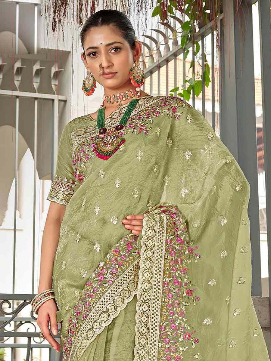 Light Green Silk Embroidered Festival Wedding Fancy Heavy Border Saree