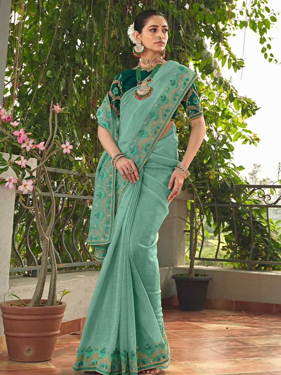 Light Green Silk Embroidered Festival Wedding Fancy Heavy Border Saree