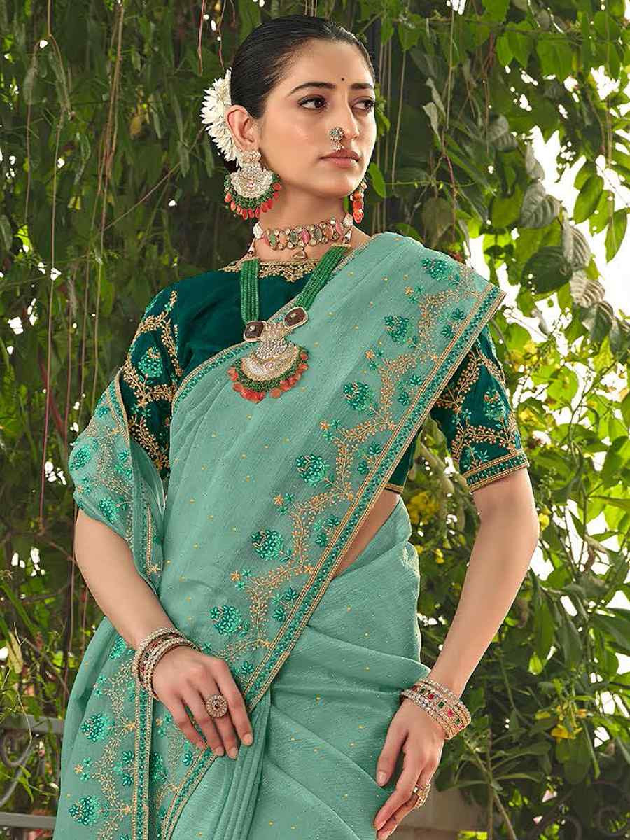 Light Green Silk Embroidered Festival Wedding Fancy Heavy Border Saree