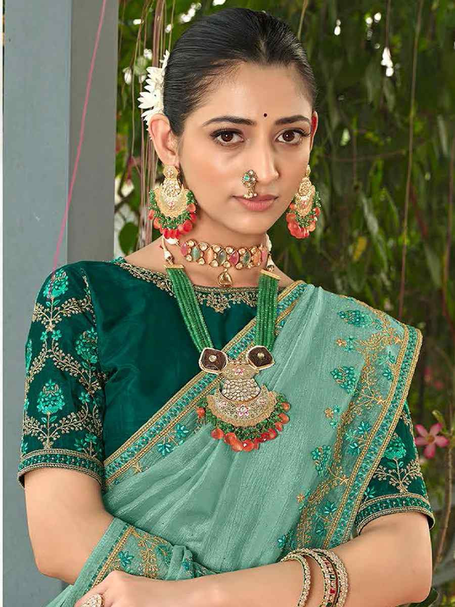 Light Green Silk Embroidered Festival Wedding Fancy Heavy Border Saree