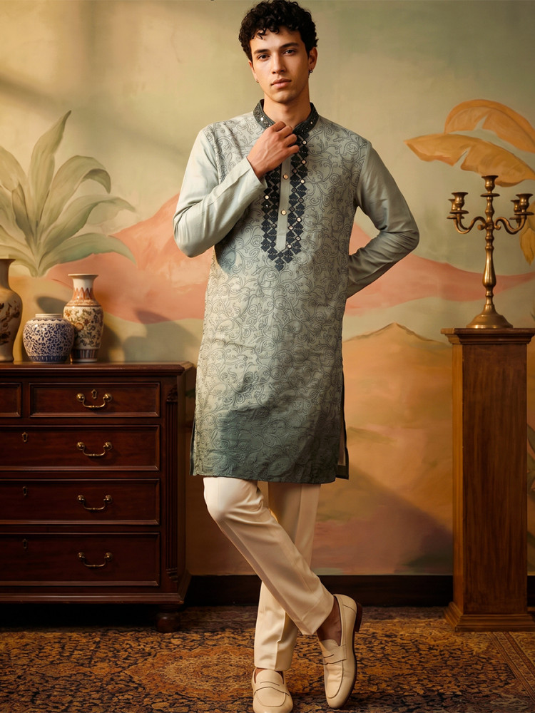 Image of Light green Silk Embroidery Wedding Party Festival Casual Mens Wear Kurta