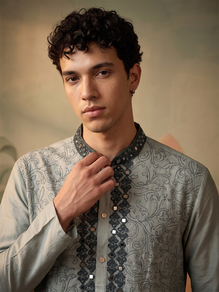 Light green Silk Embroidery Wedding Party Festival Casual Mens Wear Kurta