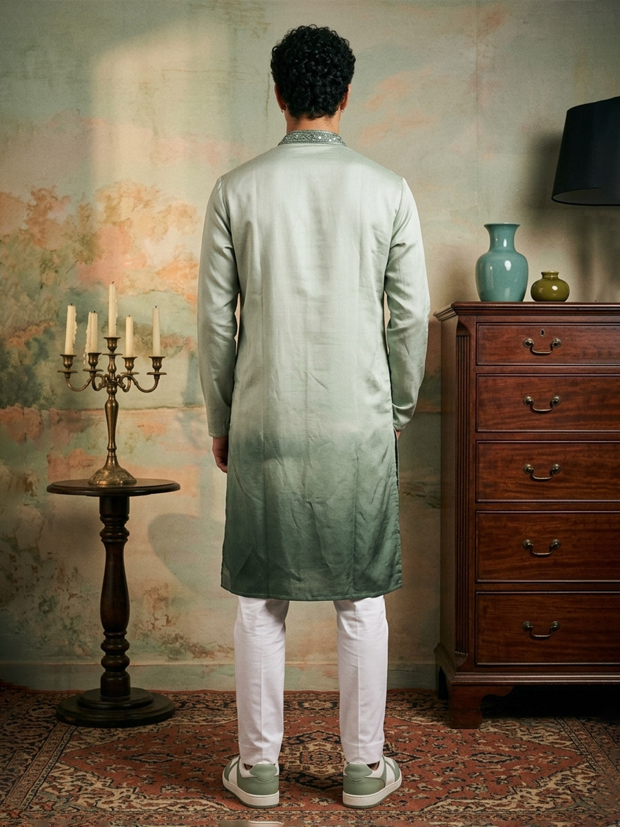 Light green Silk Embroidery Wedding Party Festival Casual Mens Wear Kurta