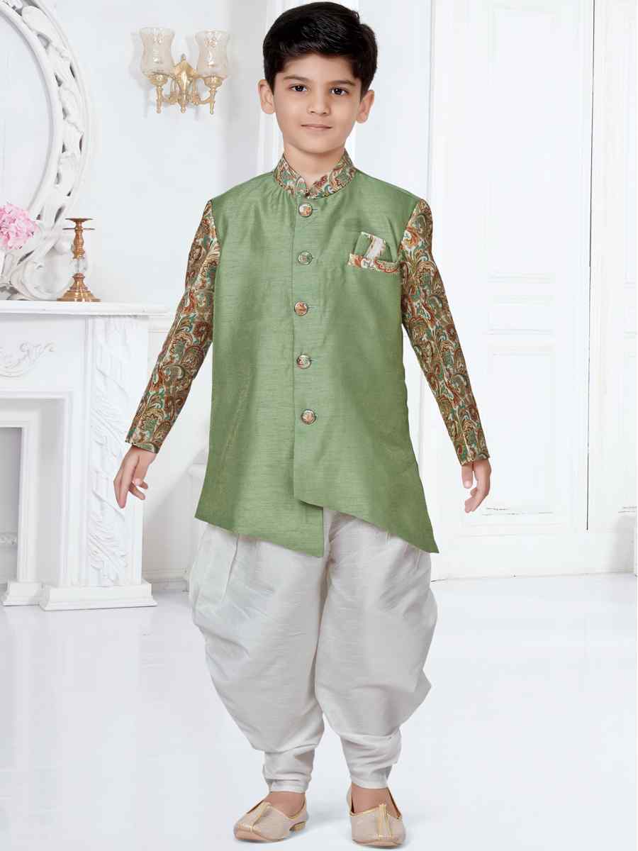 Light Green Silk Floral Party Festival Kurta Dhoti Boys Wear