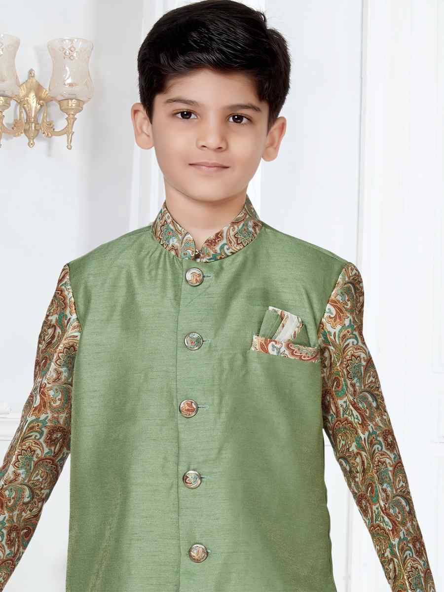 Light Green Silk Floral Party Festival Kurta Dhoti Boys Wear