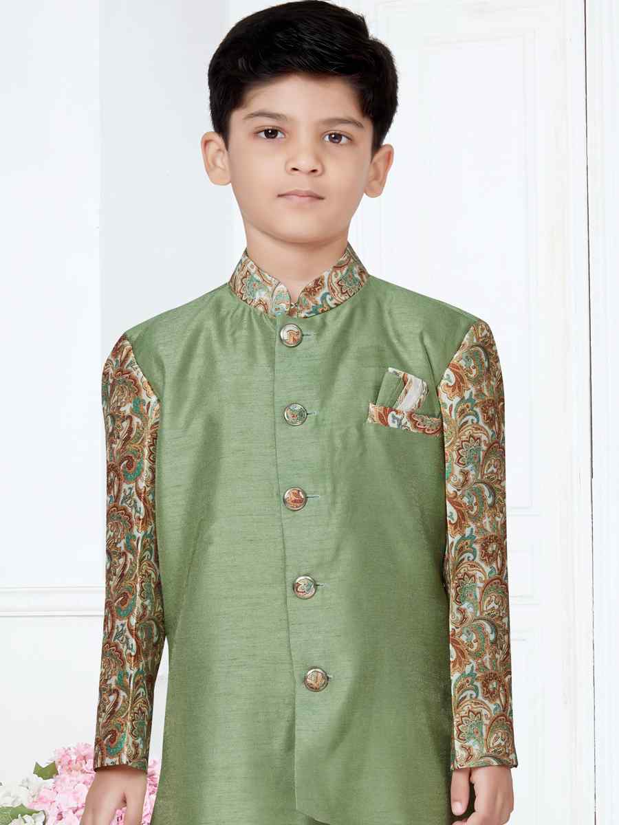 Light Green Silk Floral Party Festival Kurta Dhoti Boys Wear