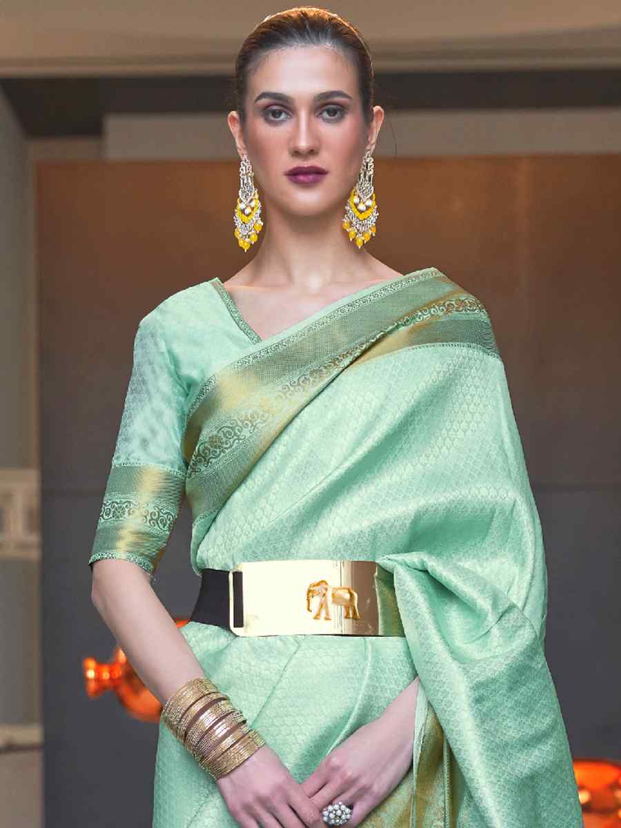 Light Green Silk Handwoven Wedding Festival Heavy Border Saree