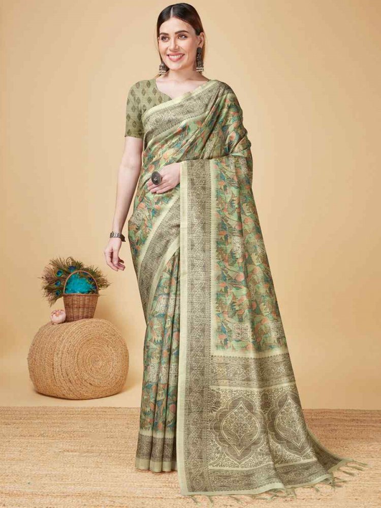 Light Green Sofi Silk Handwoven Wedding Festival Heavy Border Saree