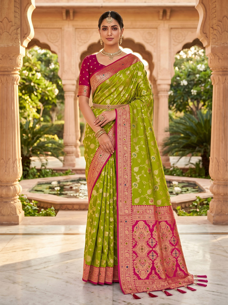 Image of Light Green Soft Banarasi Silk Zari Weaving Meenakari Touchup Wedding Reception Party Festival Casual Heavy Border Sarees