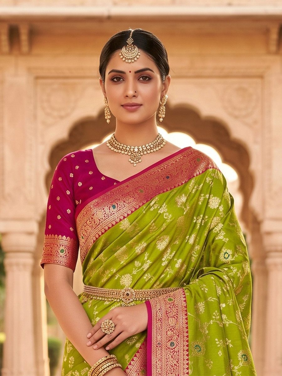 Light Green Soft Banarasi Silk Zari Weaving Meenakari Touchup Wedding Reception Party Festival Casual Heavy Border Sarees