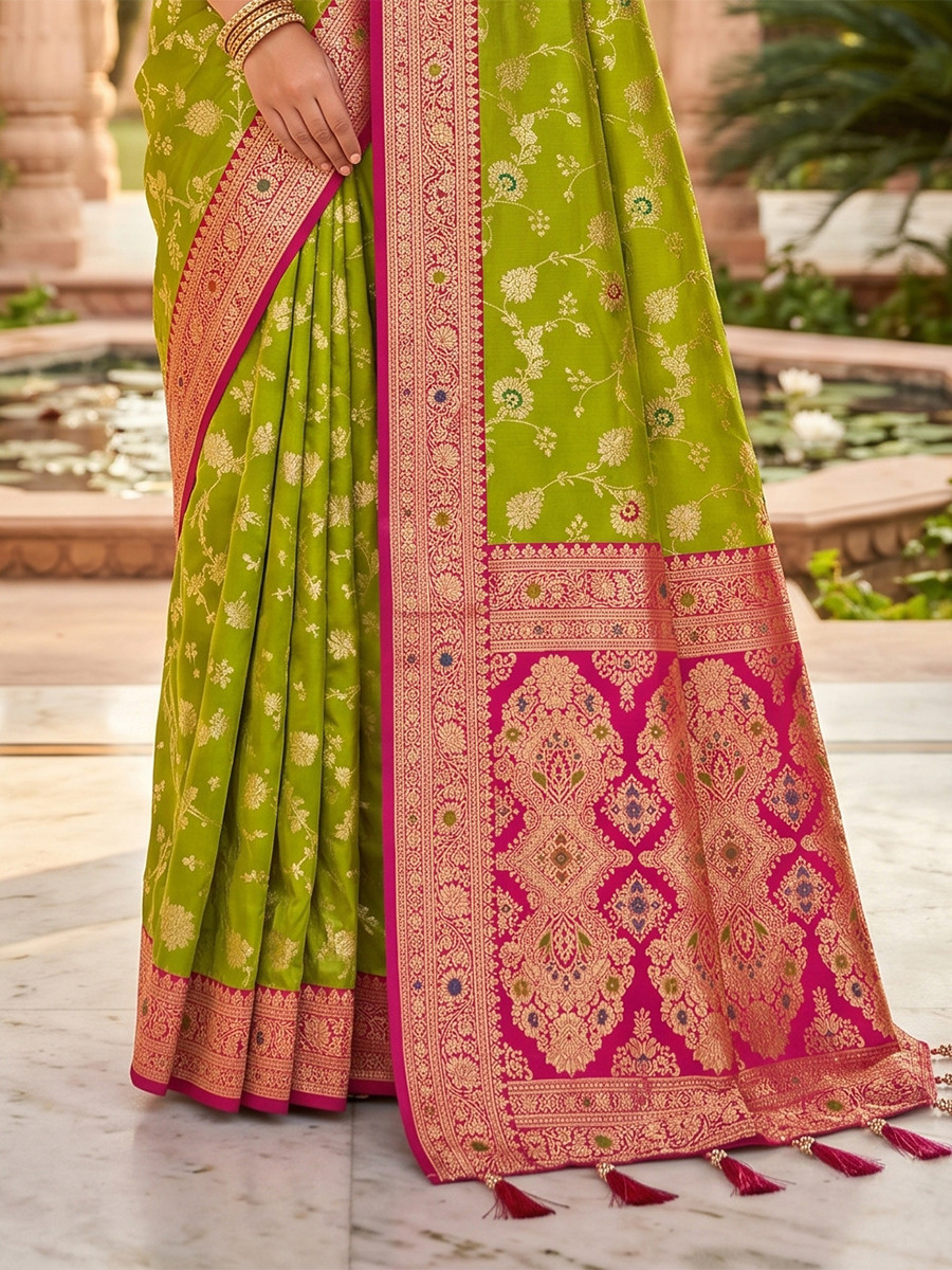 Light Green Soft Banarasi Silk Zari Weaving Meenakari Touchup Wedding Reception Party Festival Casual Heavy Border Sarees