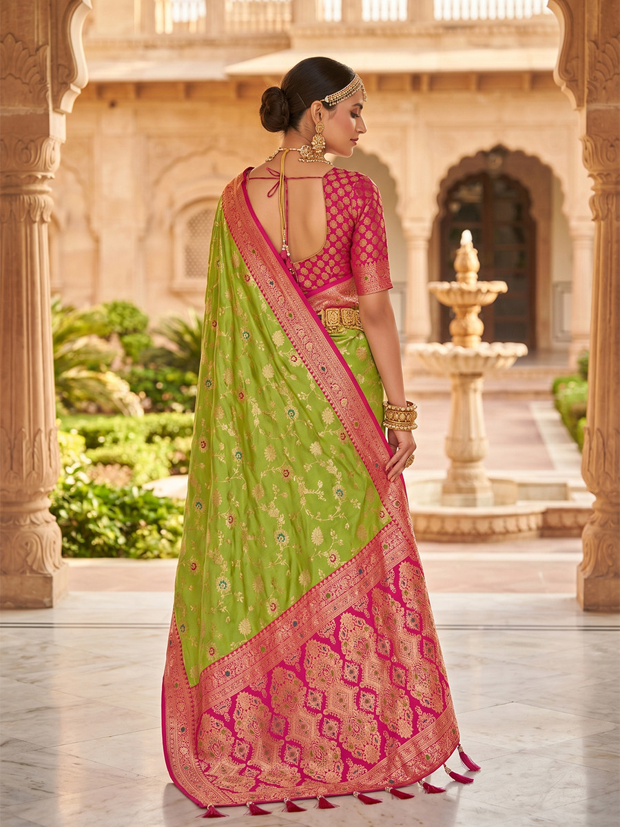 Light Green Soft Banarasi Silk Zari Weaving Meenakari Touchup Wedding Reception Party Festival Casual Heavy Border Sarees