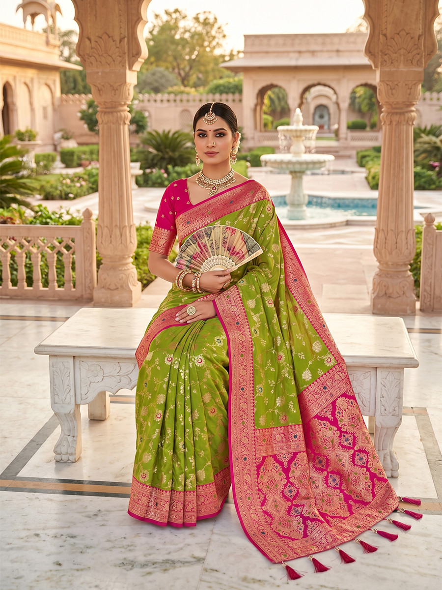 Light Green Soft Banarasi Silk Zari Weaving Meenakari Touchup Wedding Reception Party Festival Casual Heavy Border Sarees