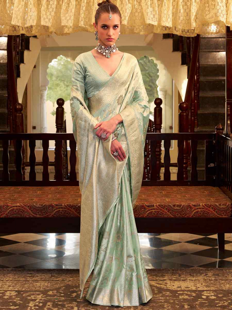 Light Green Soft Satin Silk Handwoven Festival Wedding Fancy Heavy Border Saree