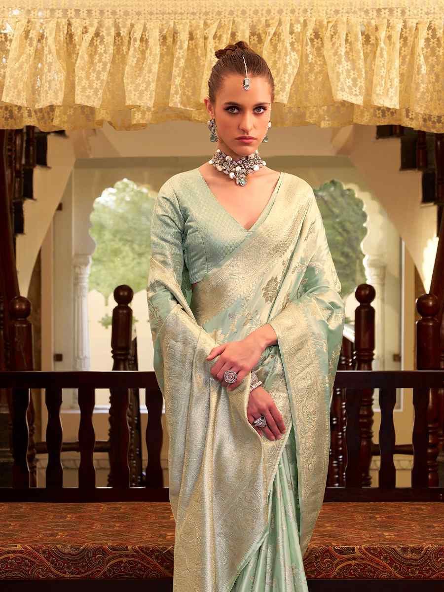 Light Green Soft Satin Silk Handwoven Festival Wedding Fancy Heavy Border Saree