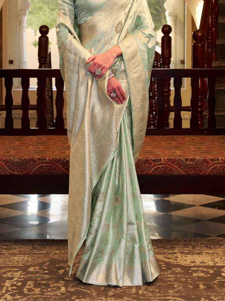 Light Green Soft Satin Silk Handwoven Festival Wedding Fancy Heavy Border Saree