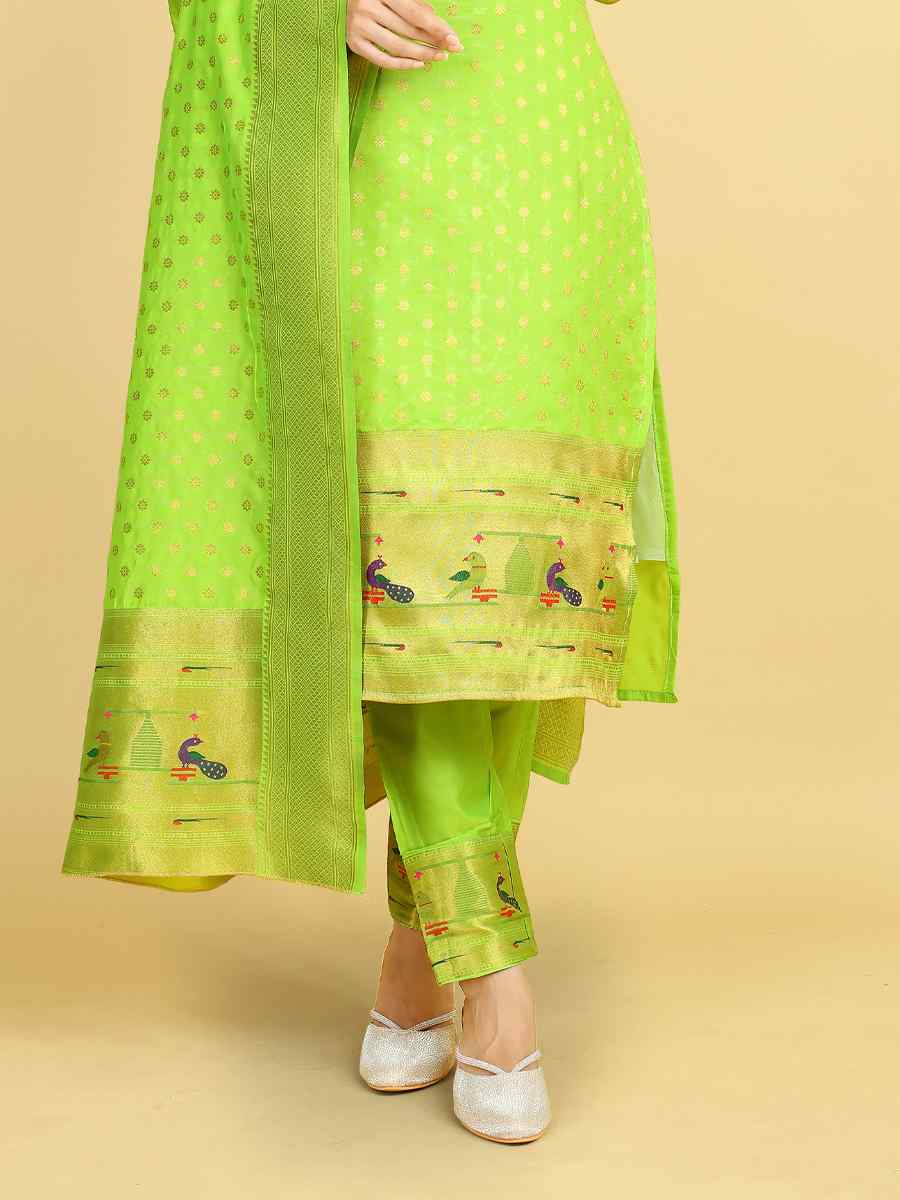 Light Green Soft Silk Handwoven Casual Festival Pant Salwar Kameez