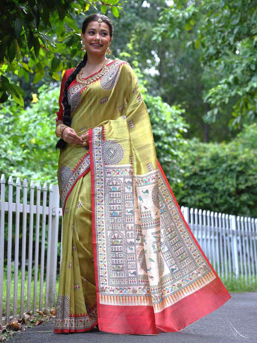 Light Green Soft Tussar Silk Printed Casual Reception Festival Wedding Fancy Heavy Border Saree