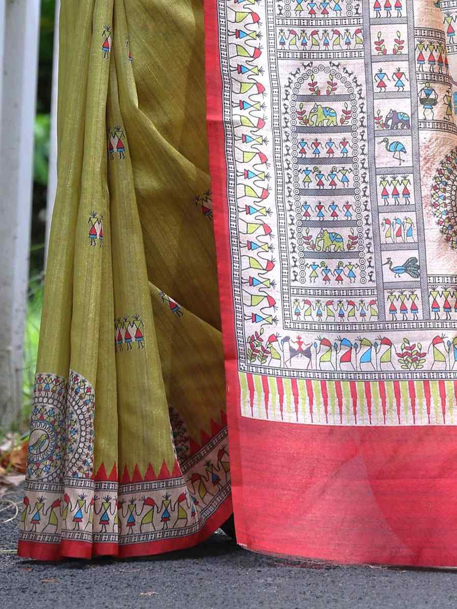 Light Green Soft Tussar Silk Printed Casual Reception Festival Wedding Fancy Heavy Border Saree