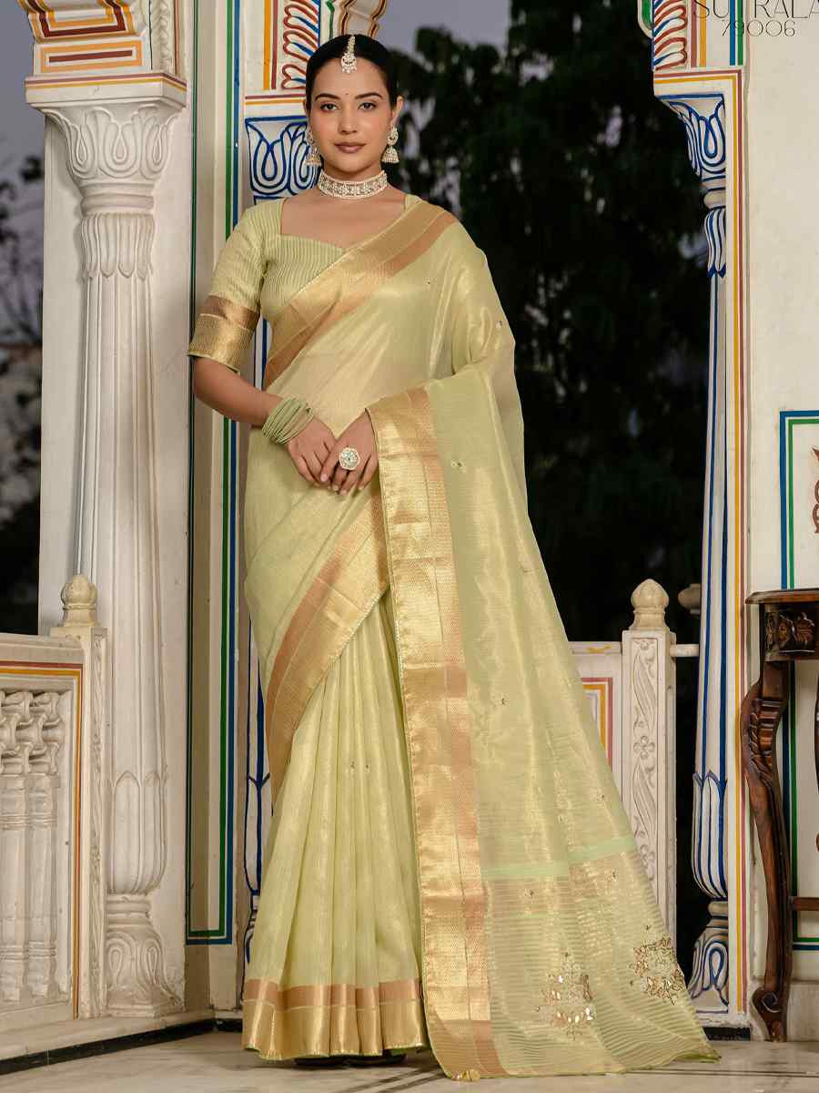 Light Green Tissue Linen Handwoven Festival Wedding Fancy Heavy Border Saree