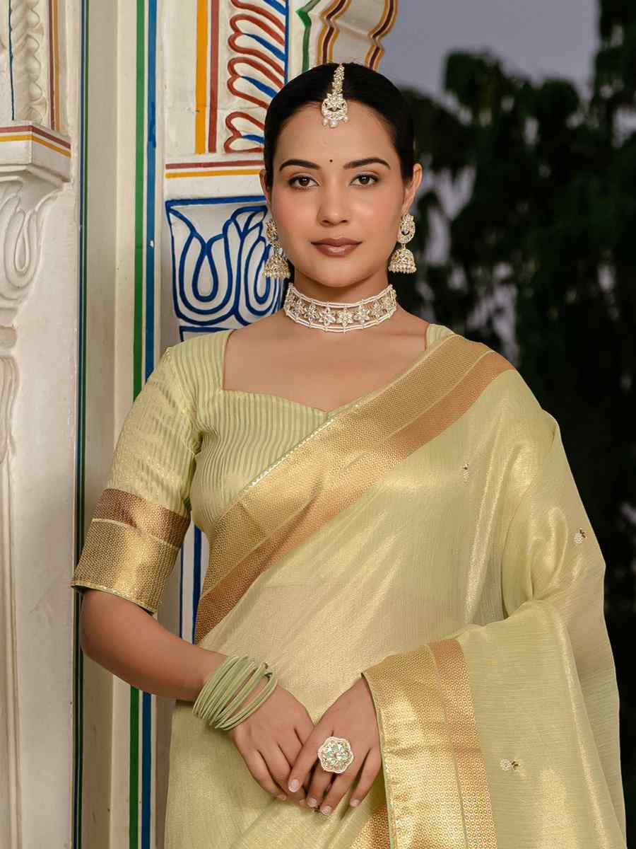 Light Green Tissue Linen Handwoven Festival Wedding Fancy Heavy Border Saree