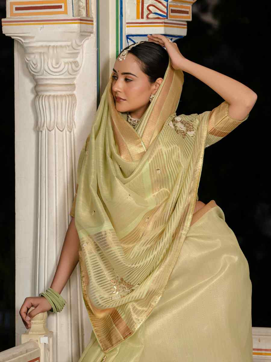 Light Green Tissue Linen Handwoven Festival Wedding Fancy Heavy Border Saree