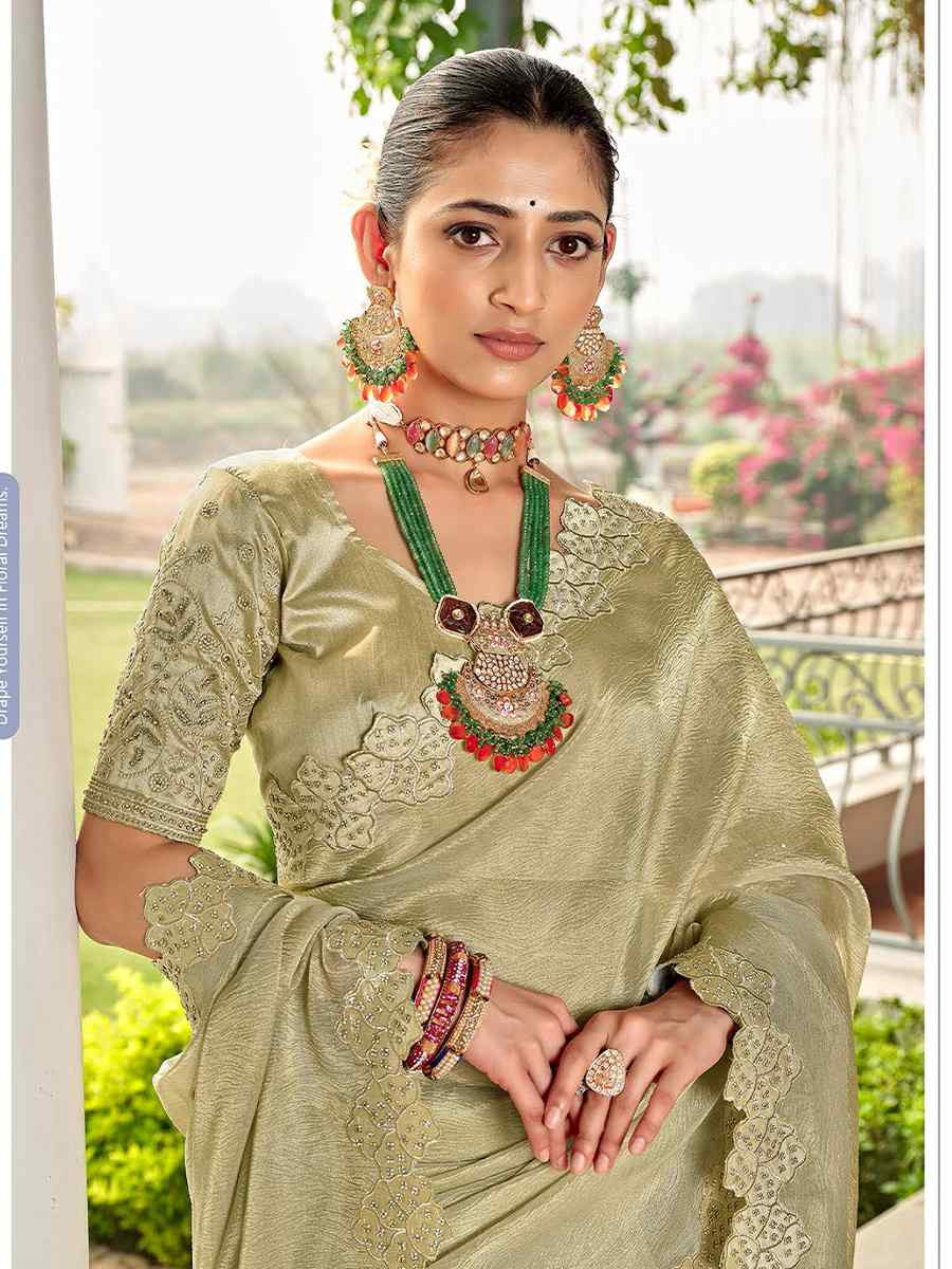 Light Green Tissue Silk Embroidered Festival Wedding Fancy Heavy Border Saree