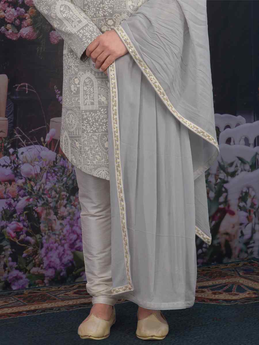 Light Grey Art Banarasi Silk Embroidered Wedding Groom Sherwani With Stole