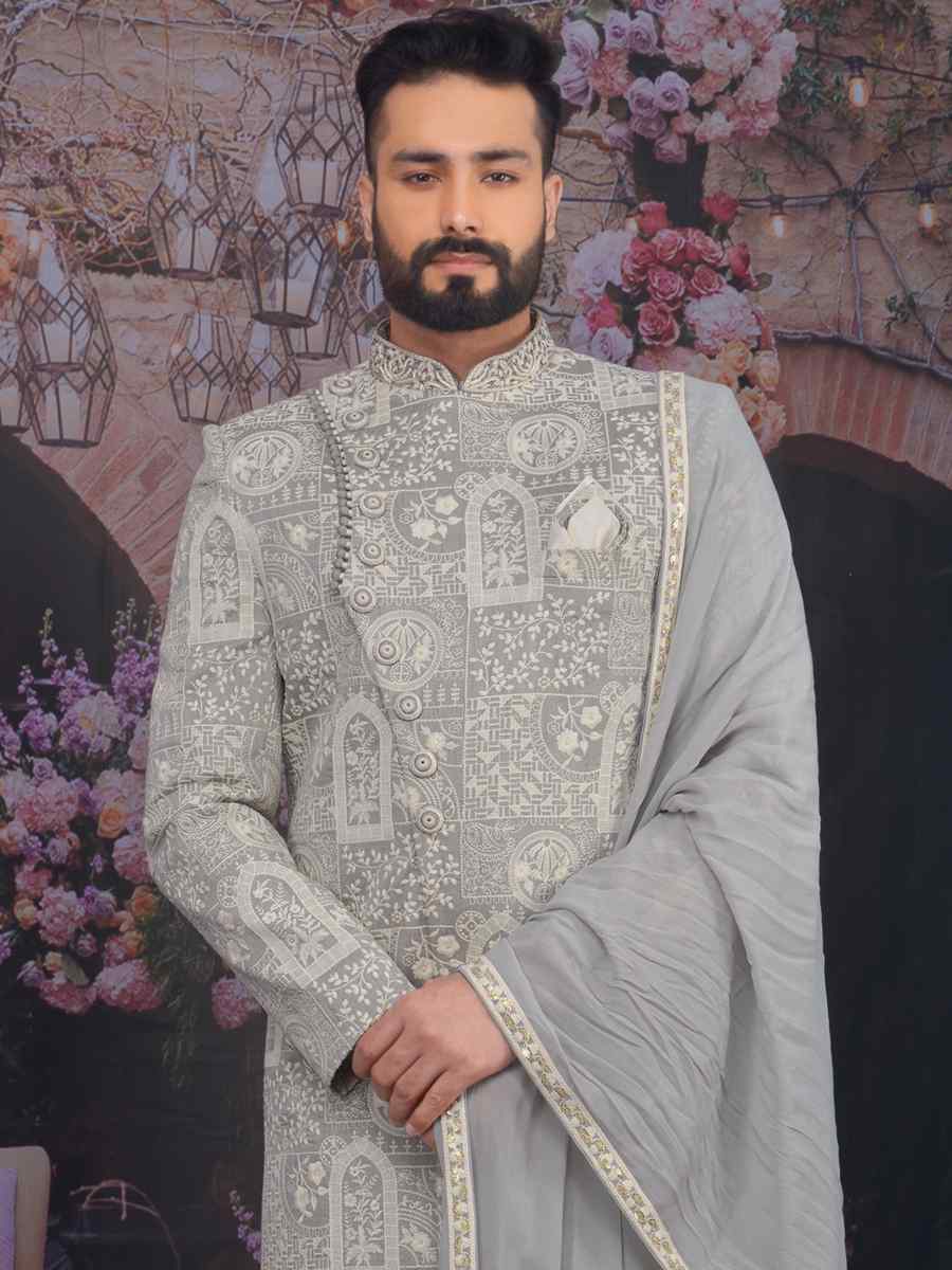 Light Grey Art Banarasi Silk Embroidered Wedding Groom Sherwani With Stole