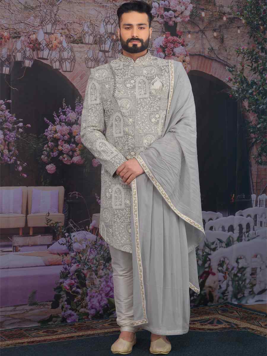 Light Grey Art Banarasi Silk Embroidered Wedding Groom Sherwani
