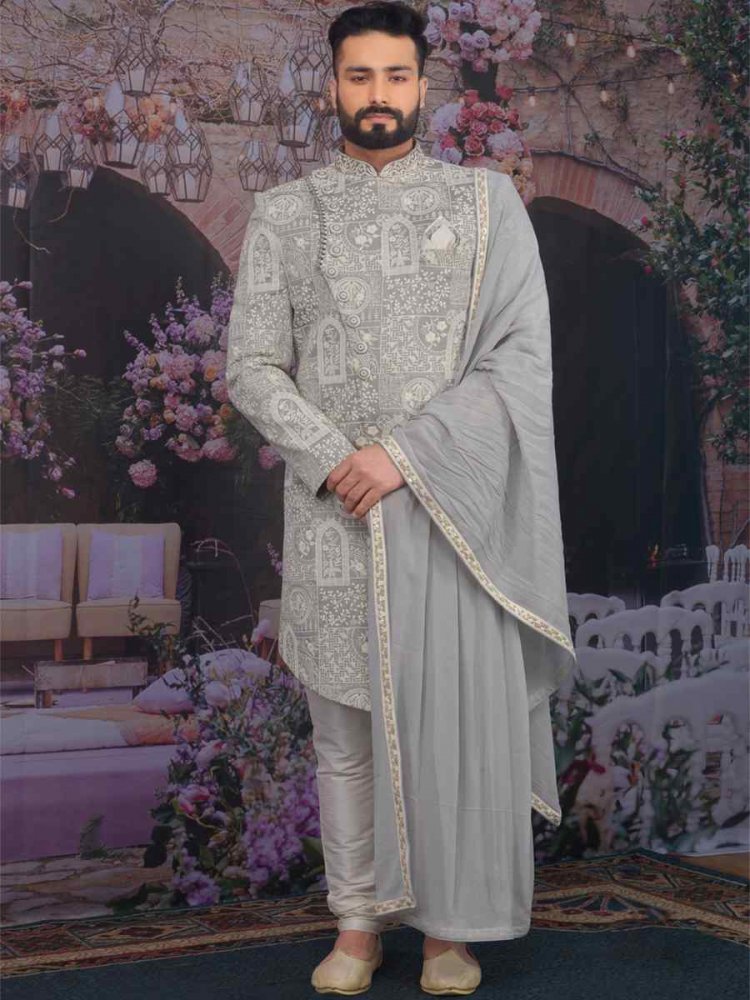 Light Grey Art Banarasi Silk Embroidered Wedding Groom Sherwani With Stole