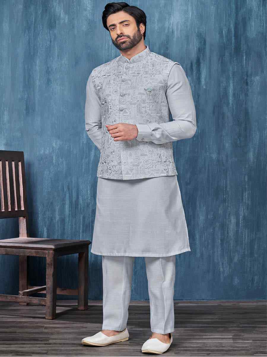 Light Grey Art Banarasi Silk Woven Festival Wedding Kurta