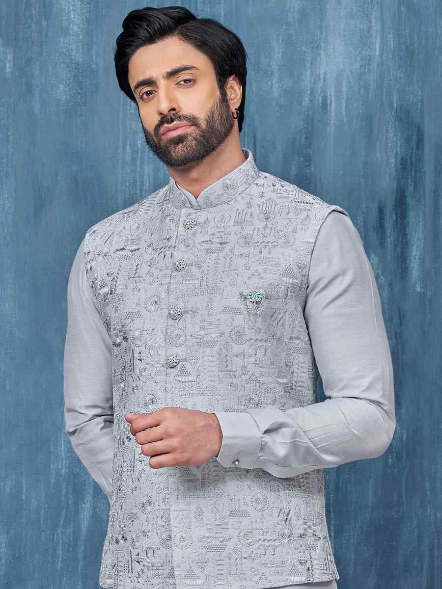 Light Grey Art Banarasi Silk Woven Festival Wedding Kurta