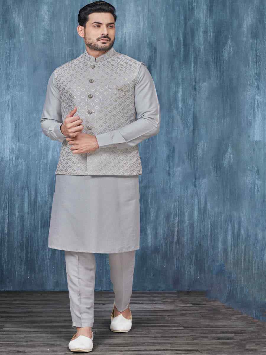Light Grey Art Banarasi Silk Woven Festival Wedding Kurta