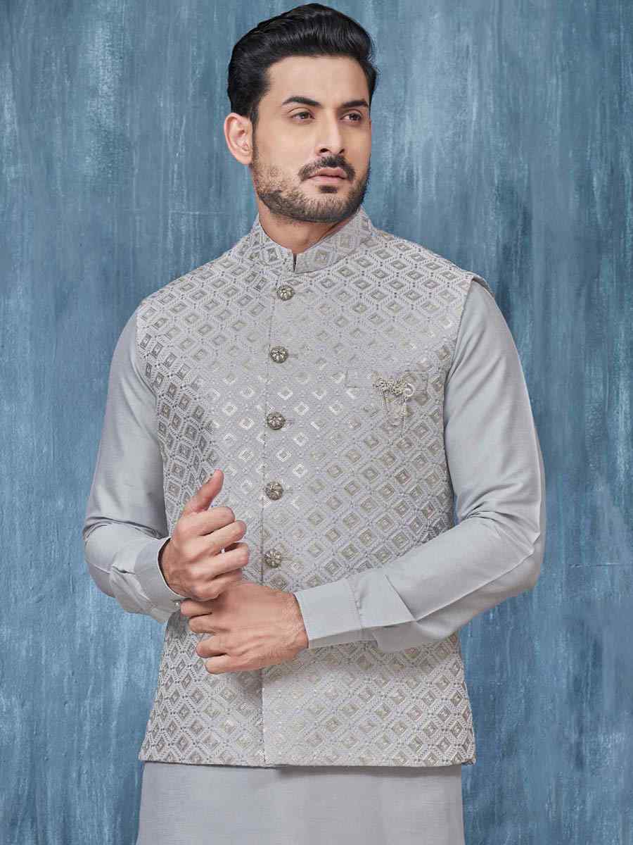 Light Grey Art Banarasi Silk Woven Festival Wedding Kurta