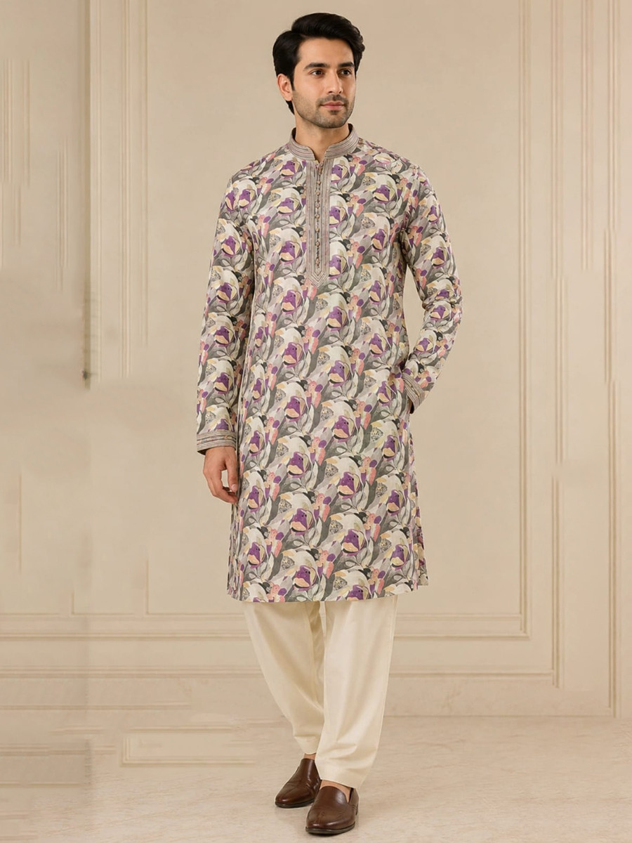 Light grey Art Silk Embroidery Printed Wedding Party Festival Casual Mens Wear Kurta