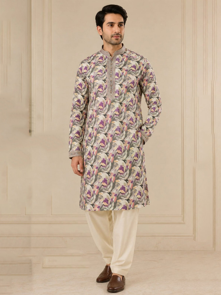 Image of Light grey Art Silk Embroidery Printed Wedding Party Festival Casual Mens Wear Kurta