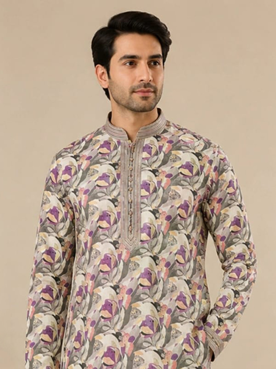 Light grey Art Silk Embroidery Printed Wedding Party Festival Casual Mens Wear Kurta