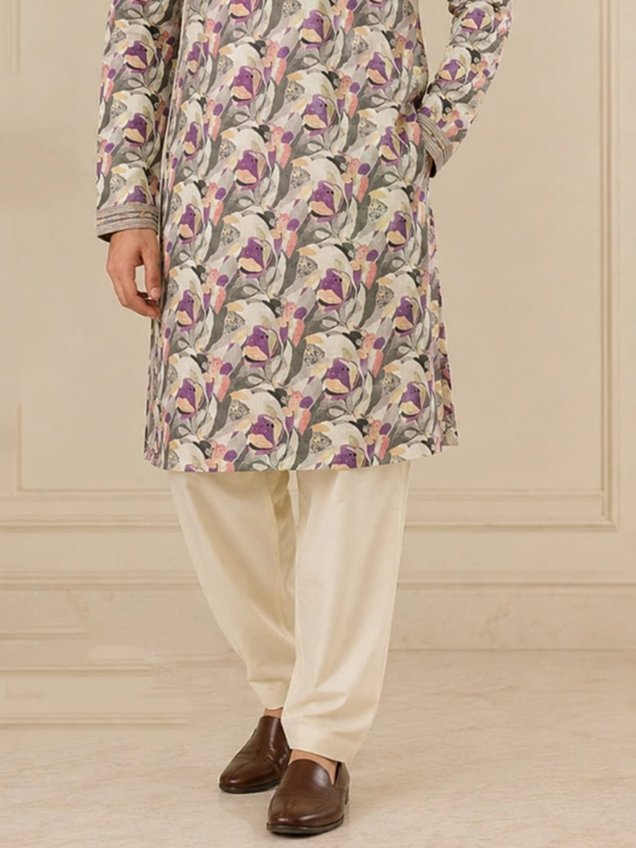 Light grey Art Silk Embroidery Printed Wedding Party Festival Casual Mens Wear Kurta