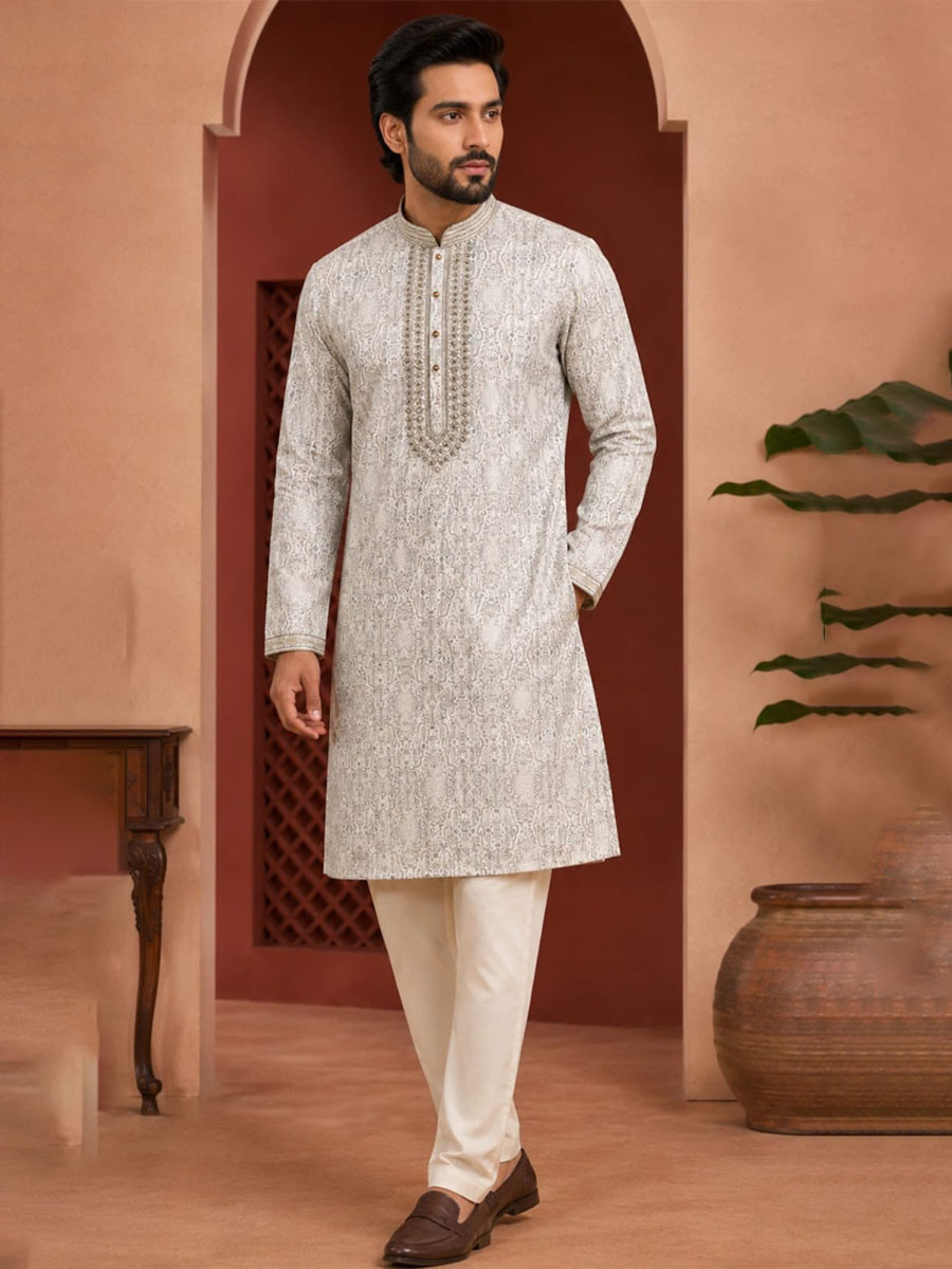 Light grey Art Silk Embroidery Printed Wedding Party Festival Casual Mens Wear Kurta