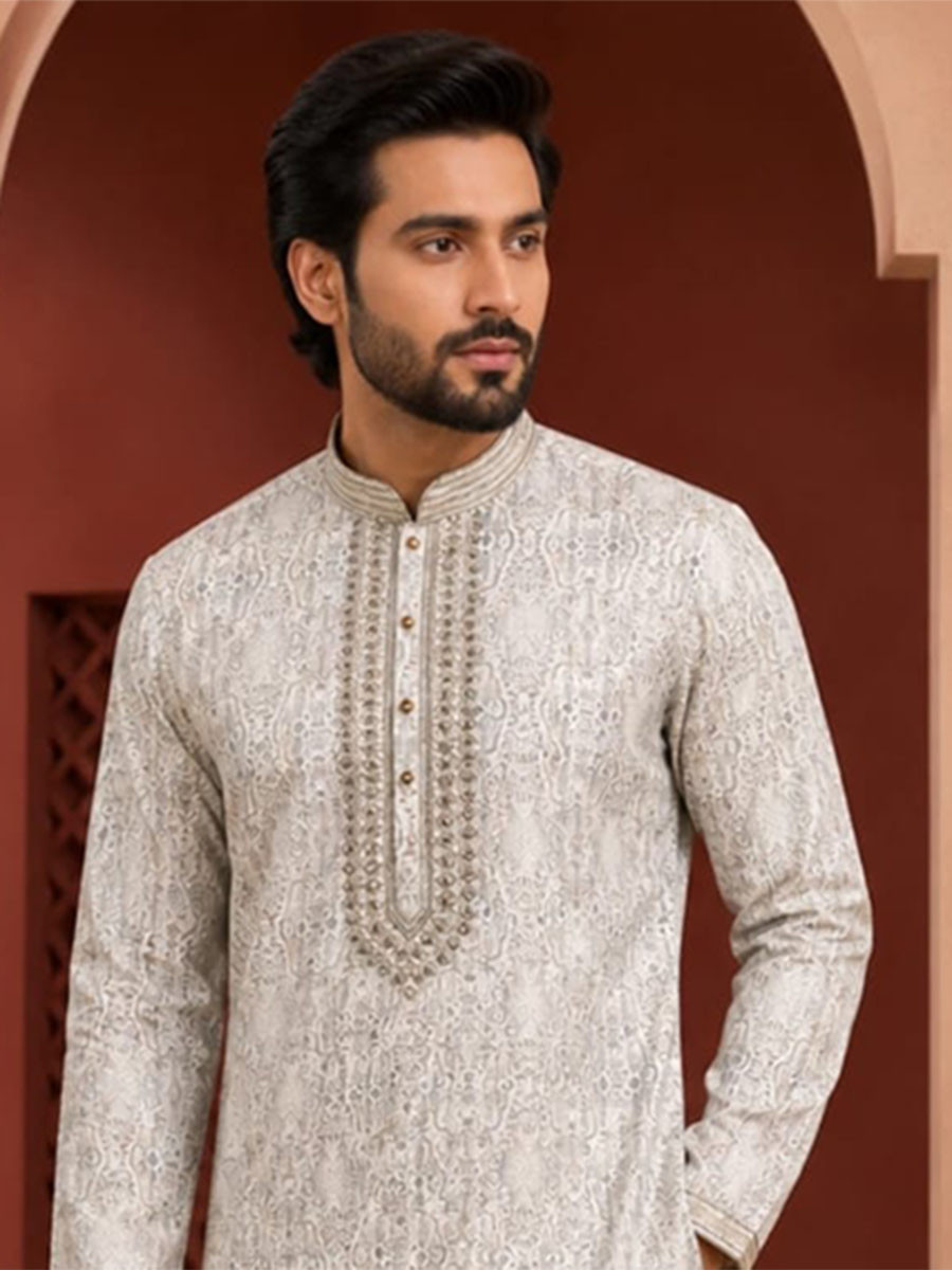 Light grey Art Silk Embroidery Printed Wedding Party Festival Casual Mens Wear Kurta