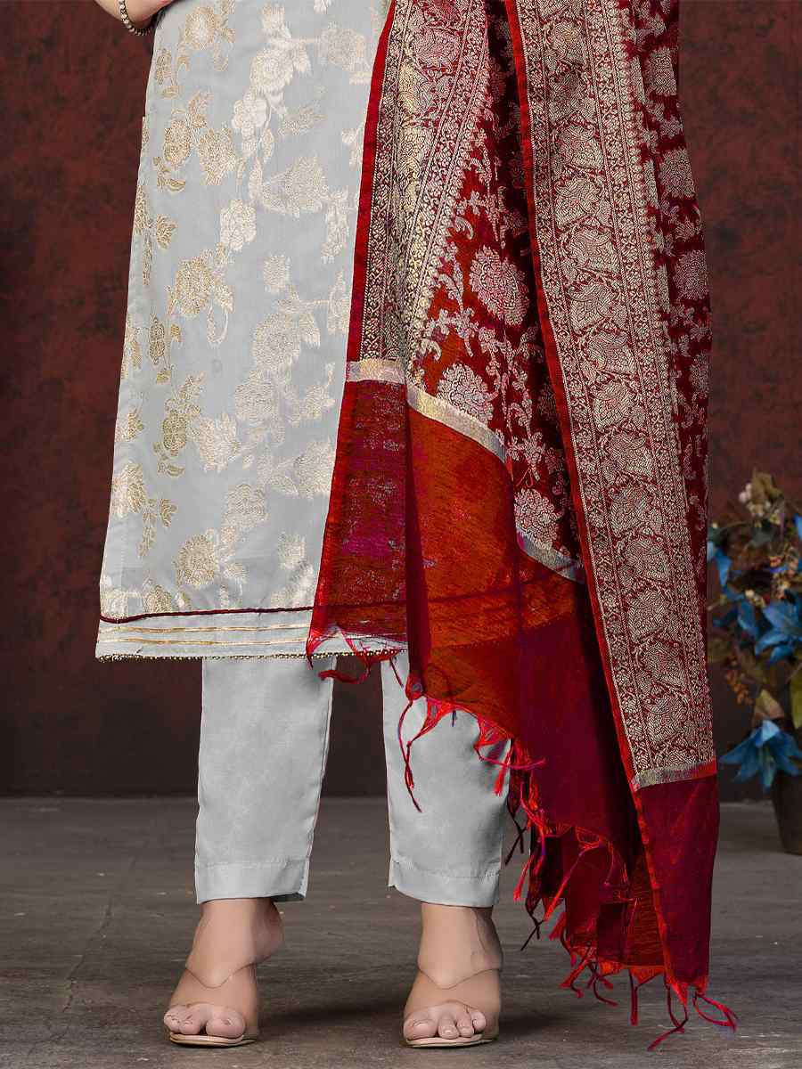 Light Grey Banarasi Jacquard Embroidered Casual Festival Pant Salwar Kameez