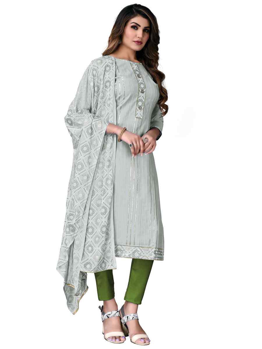 Light Grey Cotton Embroidered Festival Wedding Pant Salwar Kameez