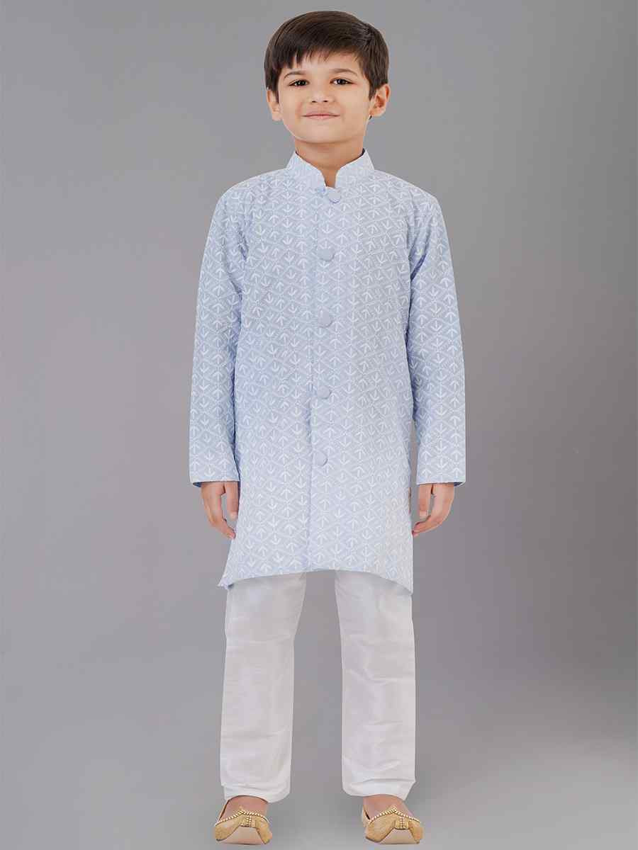 Light Grey Cotton Silk Embroidered Festival Traditional Kurta Pyjama Boys Wear