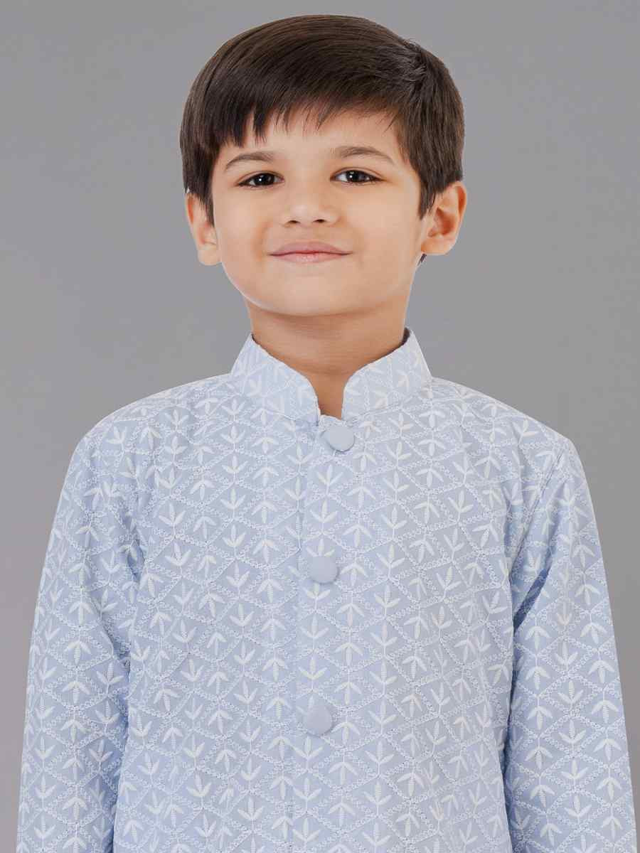 Light Grey Cotton Silk Embroidered Festival Traditional Kurta Pyjama Boys Wear