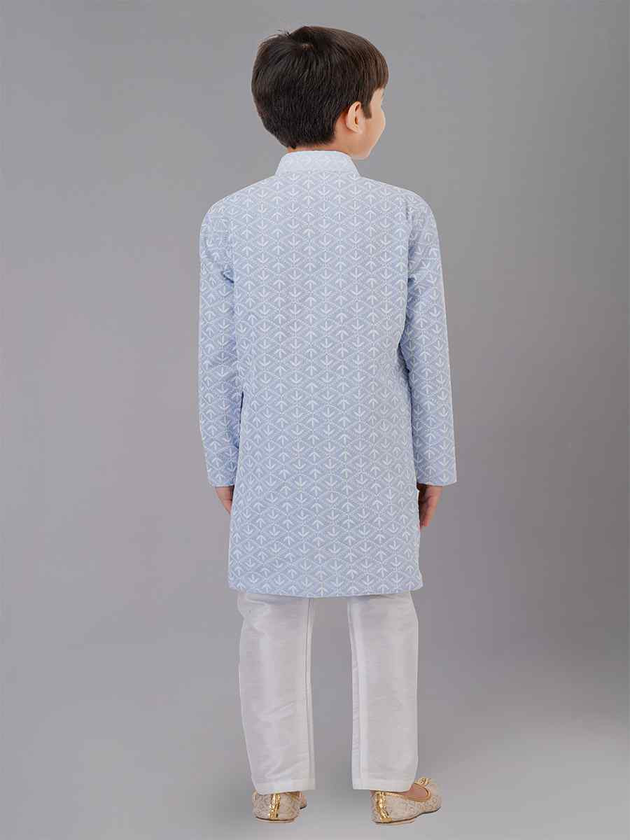 Light Grey Cotton Silk Embroidered Festival Traditional Kurta Pyjama Boys Wear