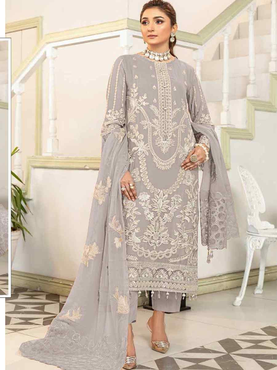 Light Grey Faux Georgette Embroidered Festival Wedding Pant Salwar Kameez