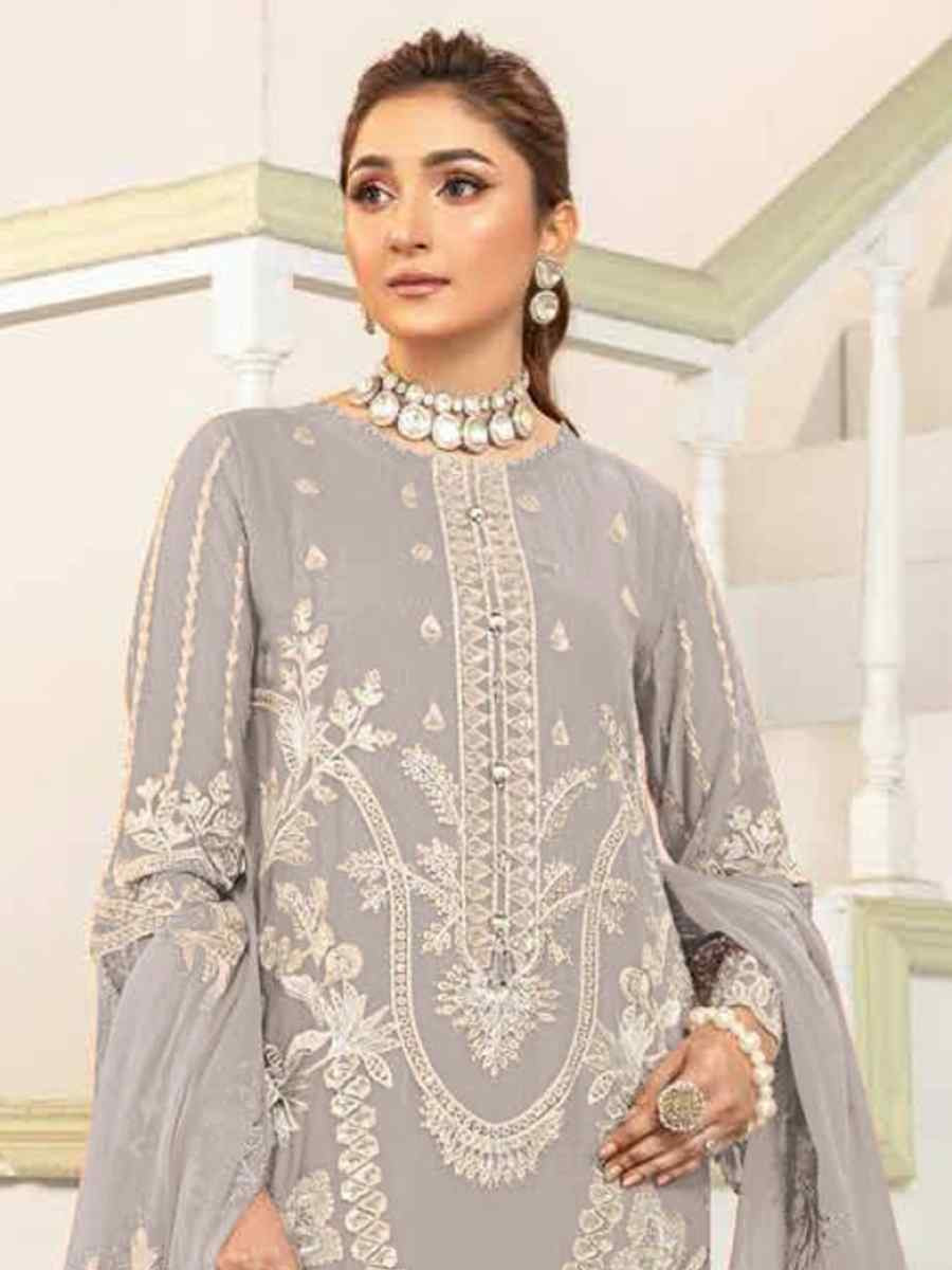 Light Grey Faux Georgette Embroidered Festival Wedding Pant Salwar Kameez