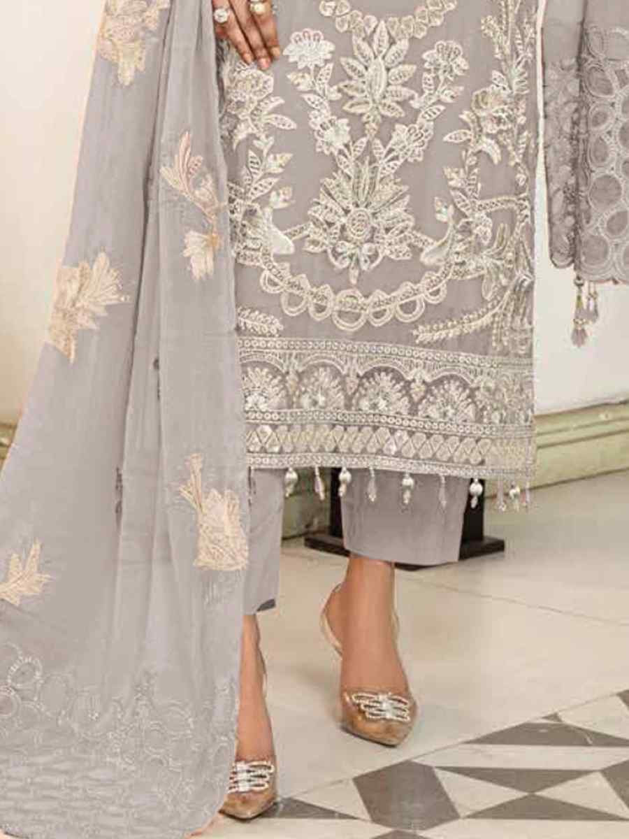 Light Grey Faux Georgette Embroidered Festival Wedding Pant Salwar Kameez
