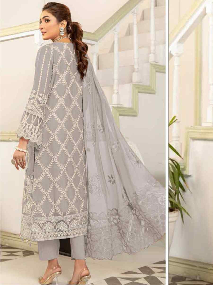 Light Grey Faux Georgette Embroidered Festival Wedding Pant Salwar Kameez
